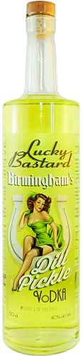 Lucky Bastard Dill Pickle vodka bottle against white background