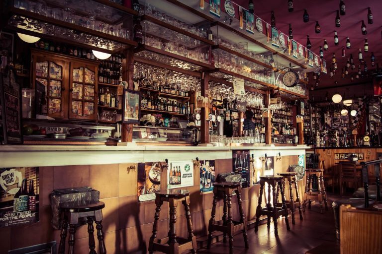 Stocked bar with stool seating