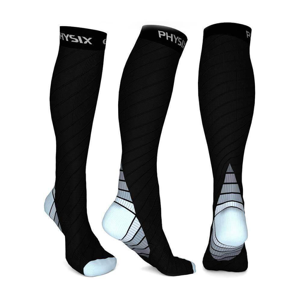 Physix compressions socks in black from three different angles