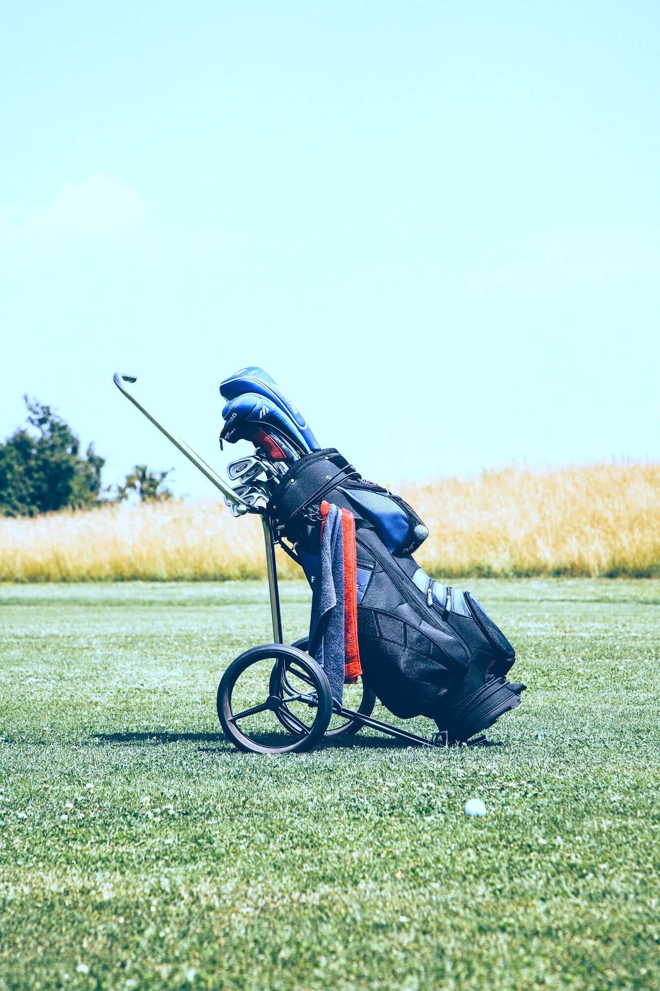 Golf bag and push cart sit on the green