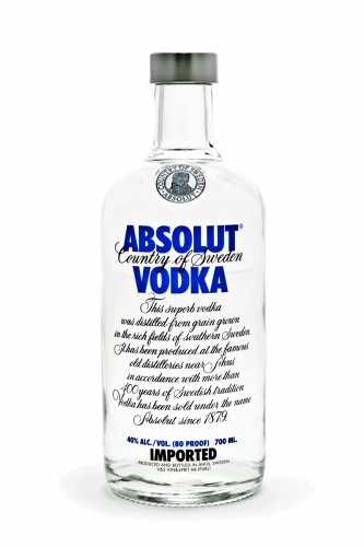 Absolut vodka bottle against white background