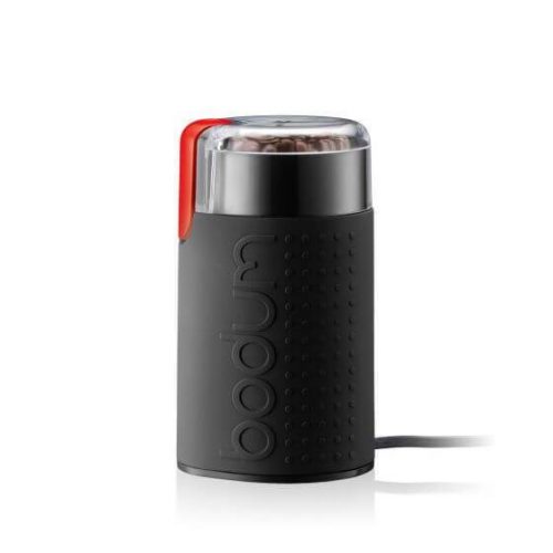 Black Bodum coffee grinder with red detail