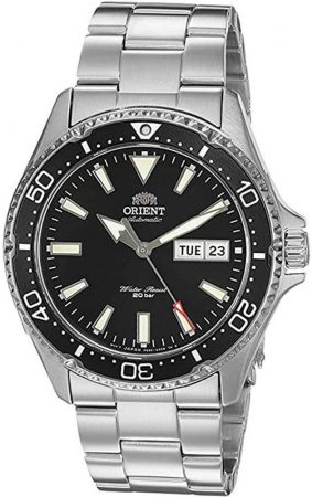 Orient Kamasu watch with stainless steel bracelet and black face