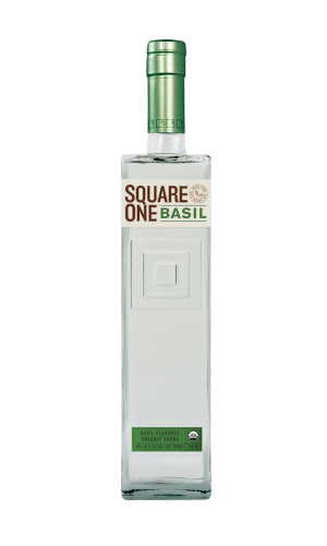 Square One Basil vodka bottle against white background